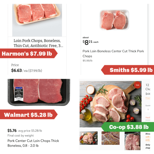 Boneless pork chop comparisons price deal walmart harmons smiths foodandmeatcoopcopy 1