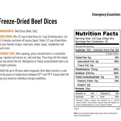 freeze dried beef dices nutrition information emergency essentials be prepared discount savings foodandmeatcoop